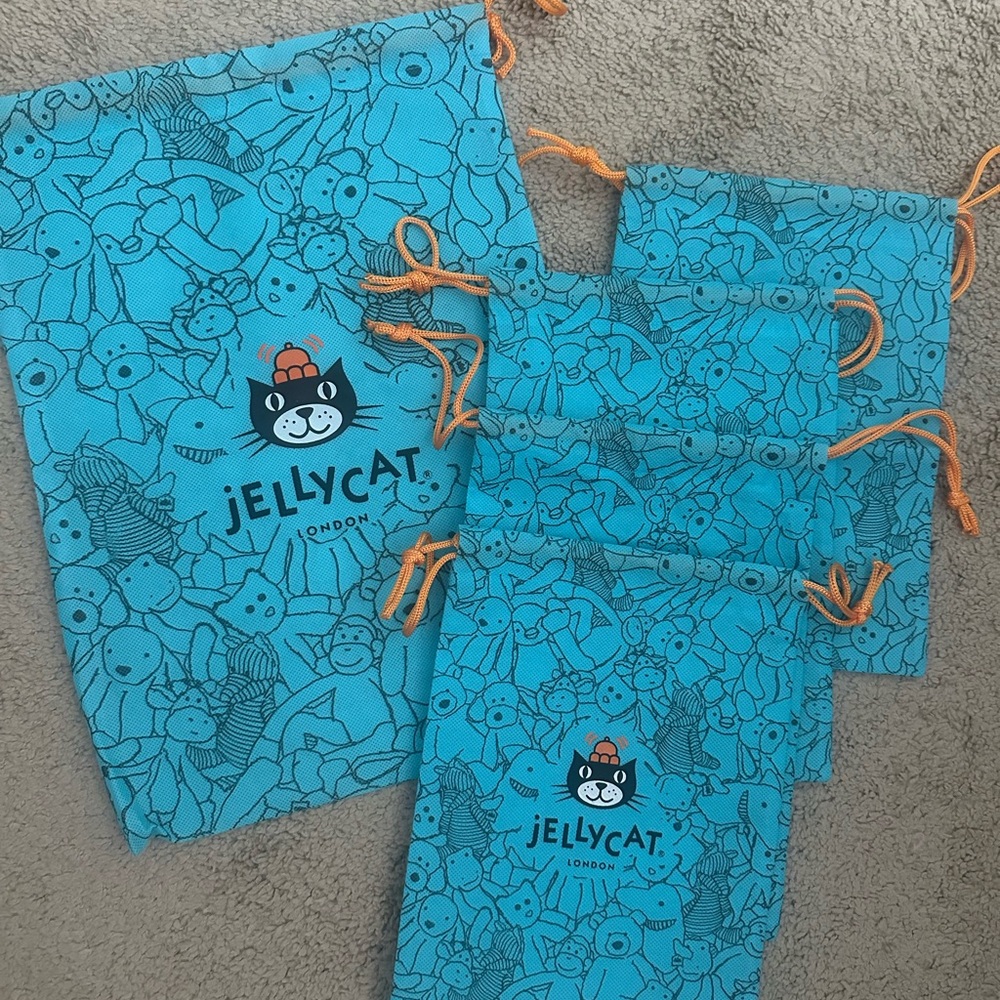Jellycat Turquoise Bags with Orange Drawstrings